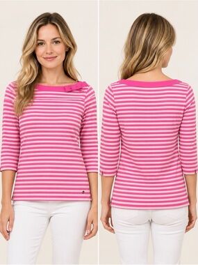 Kate Spade New York Pink Striped Bow Boatneck 3/4 Sleeve Top XS